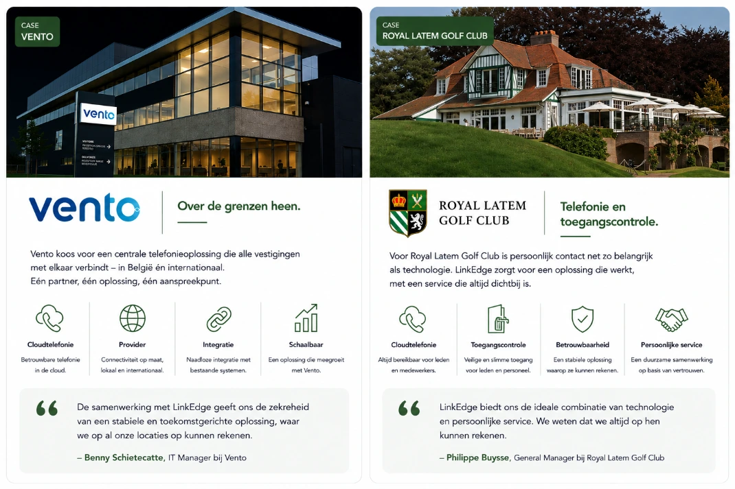 Overzicht van gerealiseerde IT projecten door LinkEdge bij Vento en Golfclub Sint Martens Latem